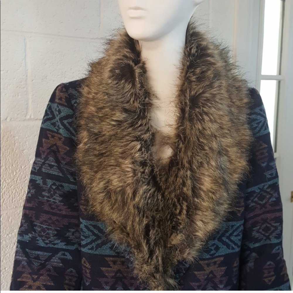 Faux Fur Aztec Boho Coat with Detachable Collar